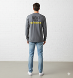 Person wearing a gray long-sleeve shirt with 'BREAK'S OVER, LET'S GET IT!' text on the back, standing against a white brick wall.