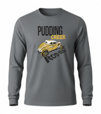 Gray long-sleeve shirt with 'Pudding Creek Rod Shop' text and vintage car graphic on a white background