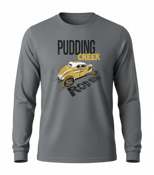 Gray long-sleeve shirt with 'Pudding Creek Rod Shop' text and vintage car graphic on a white background