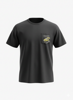 Black unisex t-shirt with a pocket graphic on a white background