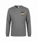 Gray long-sleeve shirt with a logo on the chest against a white background