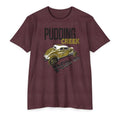 Maroon t-shirt with a graphic of a vintage car and 'Pudding Creek Rod Shop' text on a white background