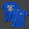 Pudding Creek Rod Shop Bad Coupe tee in royal blue with Yeti hot rod graphic on back