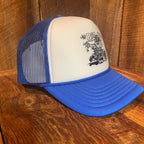 Left side view of The Bad Coupe Yeti Foam Trucker Hat in blue and white, showing the foam front profile and breathable mesh back
