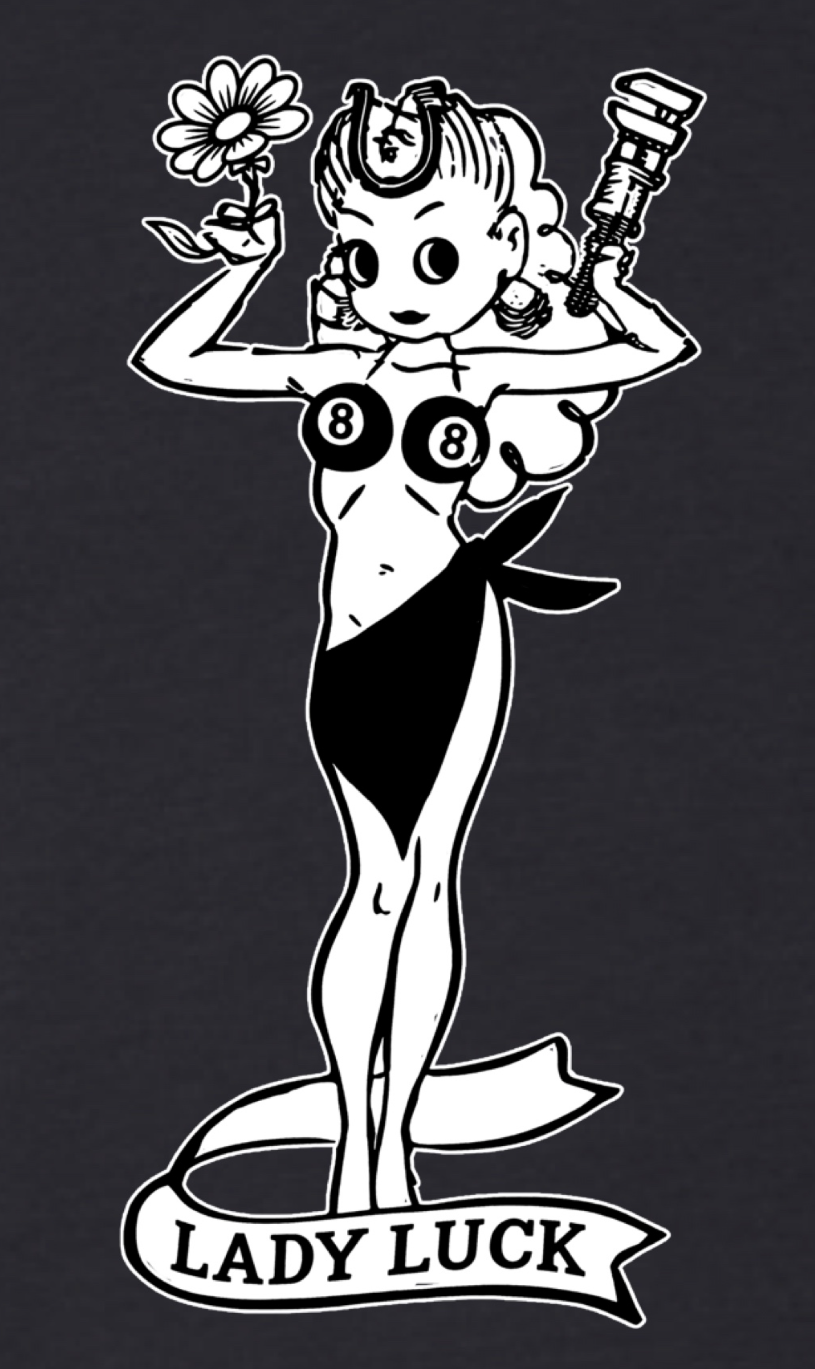 Close-up detail of the Lady Luck vintage 1960s Speed Parts catalog artwork printed on the Pudding Creek Rod Shop graphic tee
