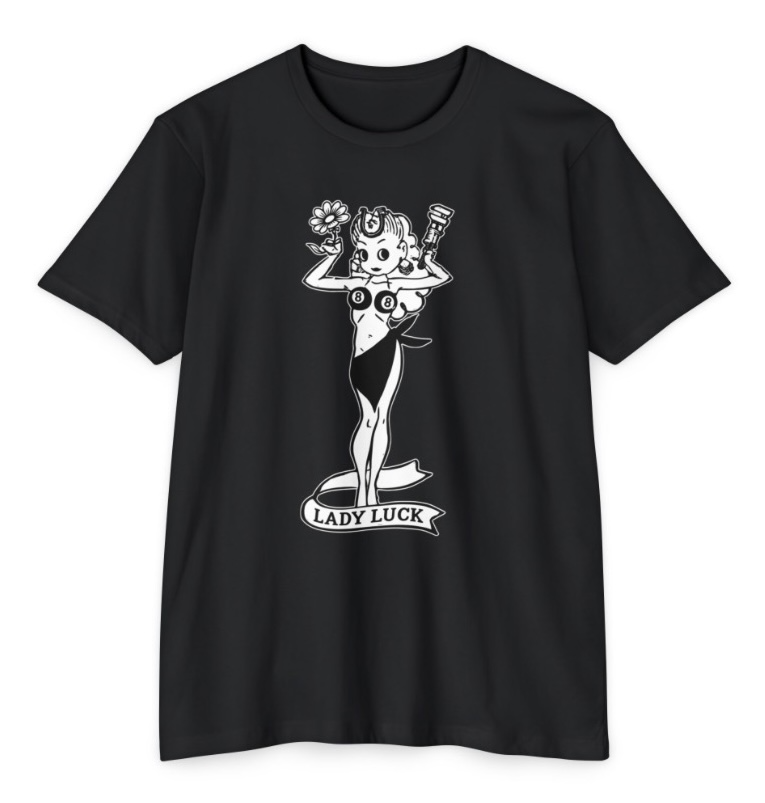 Pudding Creek Rod Shop Lady Luck T-Shirt displaying a vintage 1960s Speed Parts catalog graphic on a classic fit cotton/poly blend tee