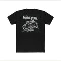 Back of black t-shirt showing The Minnie Pearl Roadster illustration — white ink 1928 Ford Roadster hot rod with driver on a black tee
