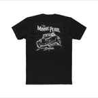 Back of black t-shirt showing The Minnie Pearl Roadster illustration — white ink 1928 Ford Roadster hot rod with driver on a black tee