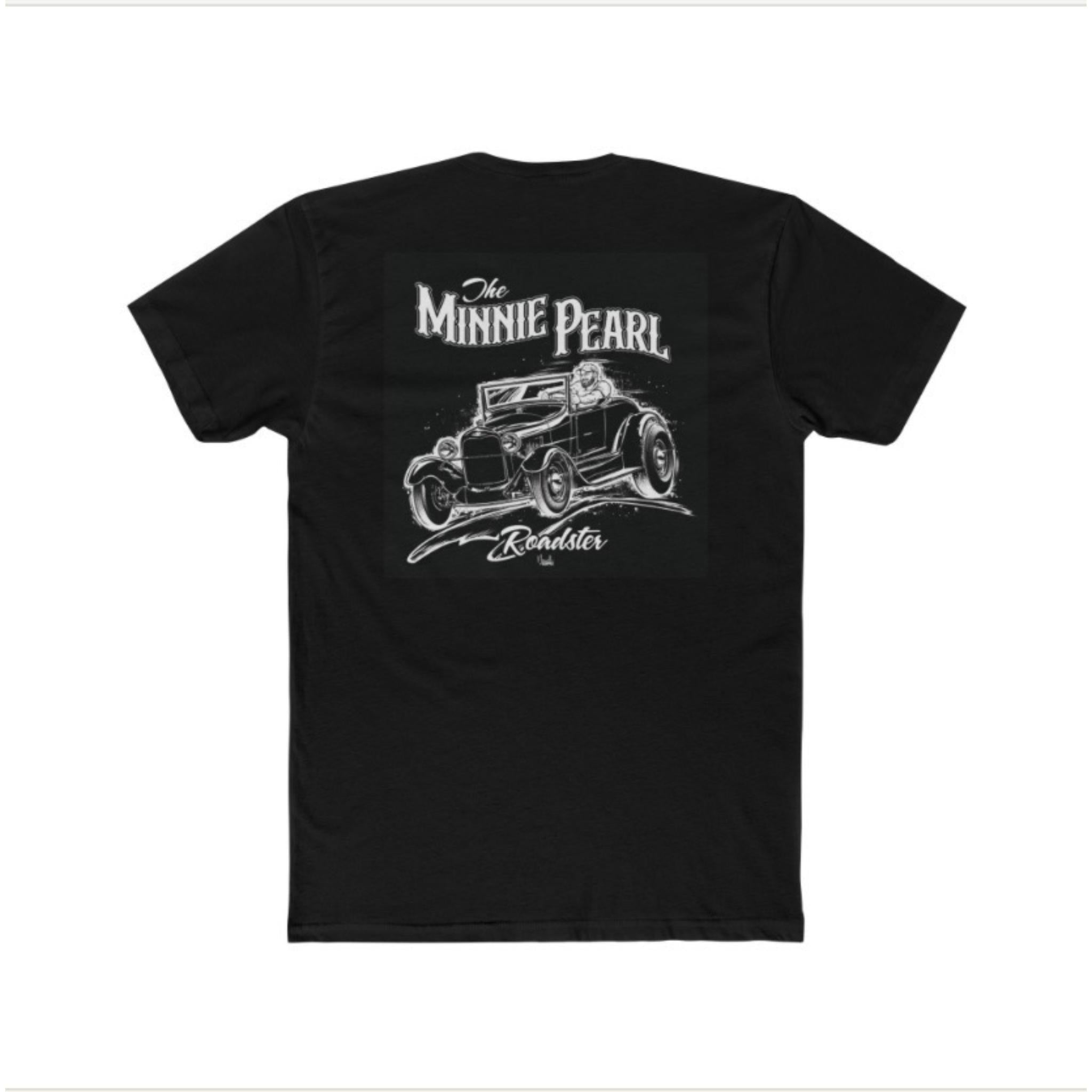 Back of black t-shirt showing The Minnie Pearl Roadster illustration — white ink 1928 Ford Roadster hot rod with driver on a black tee