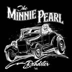 Close-up of The Minnie Pearl Roadster graphic — detailed white ink illustration of a 1928 Ford Roadster traditional hot rod on black t-shirt
