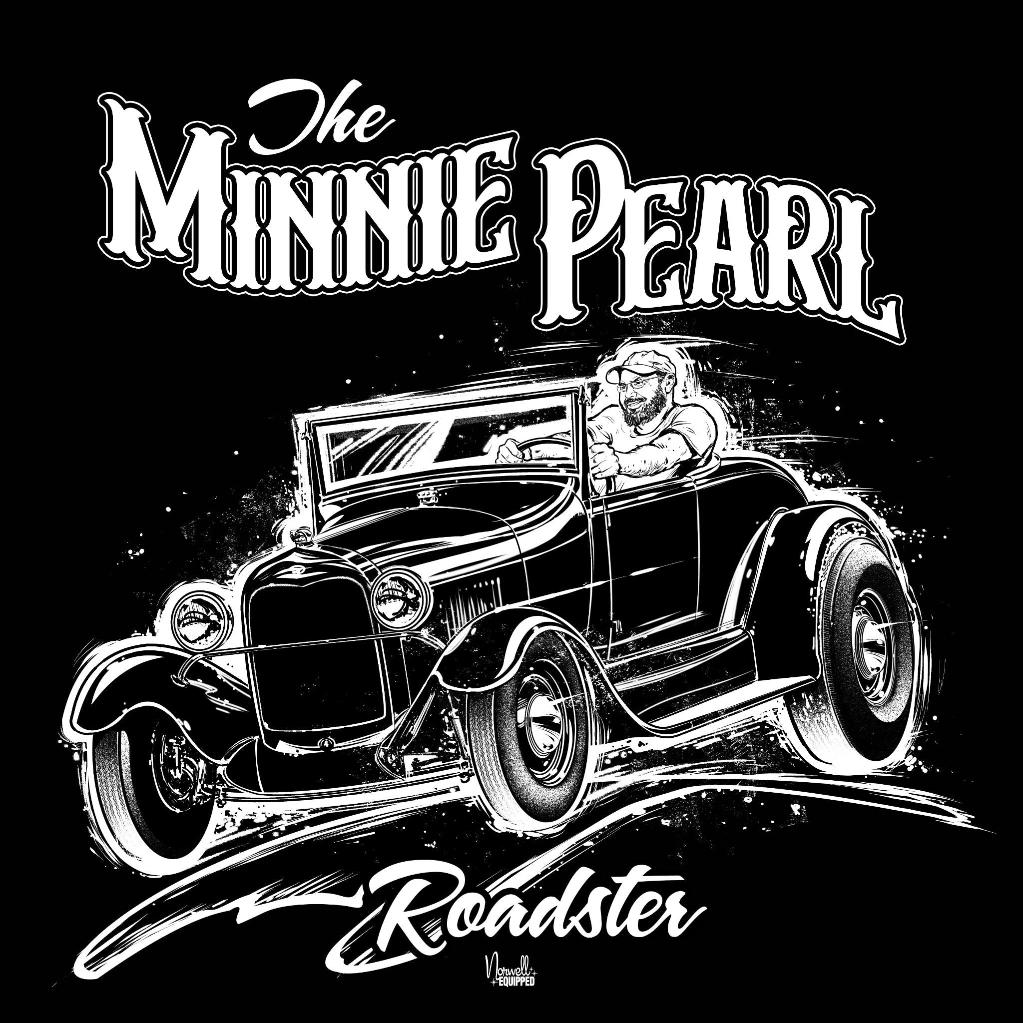 Close-up of The Minnie Pearl Roadster graphic — detailed white ink illustration of a 1928 Ford Roadster traditional hot rod on black t-shirt
