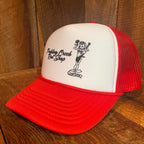 Right side view of The Lady Luck Foam Trucker Hat in red and white, showing the structured foam front panel and snapback closure detail