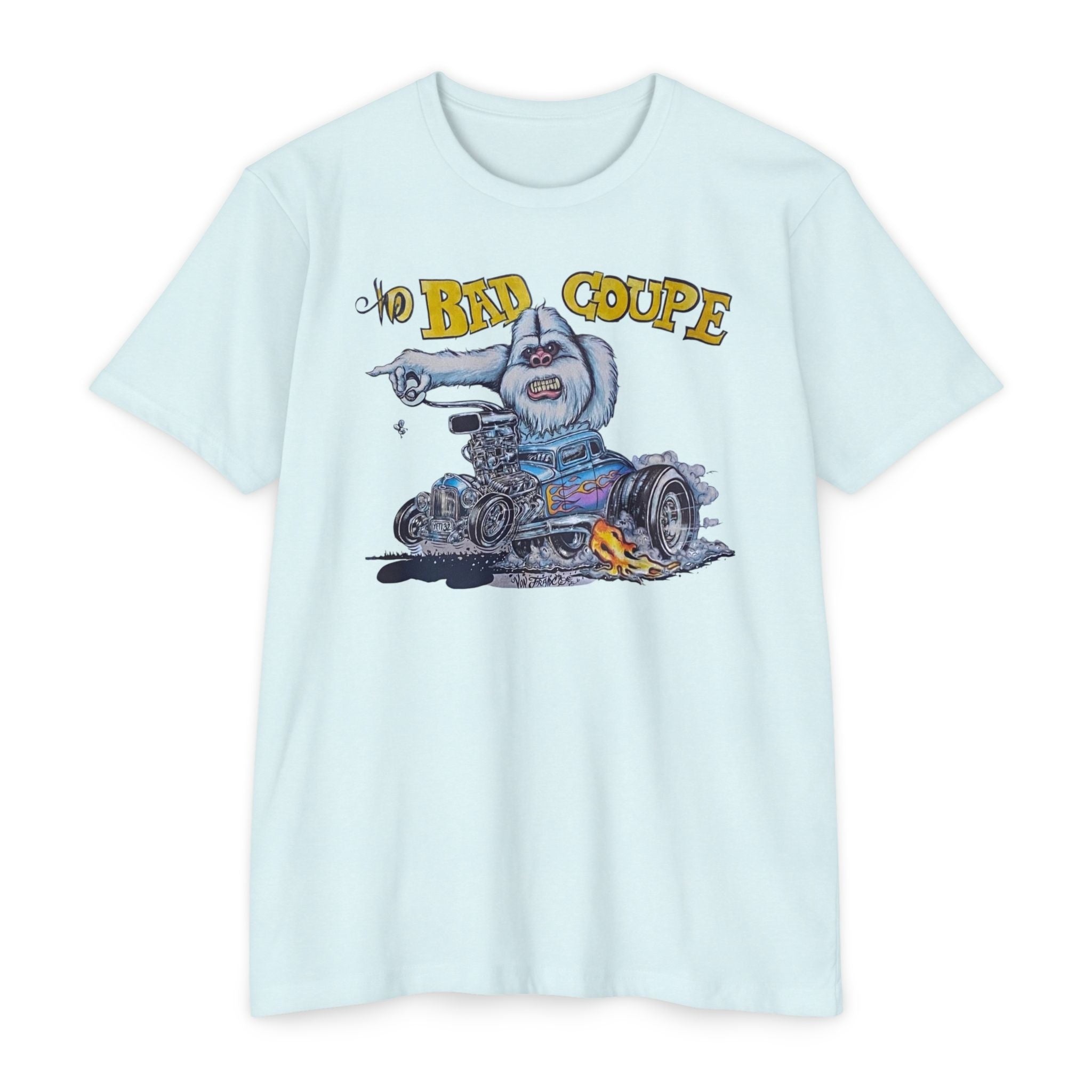 The Bad Coupe Yeti T-Shirt in Ice Blue laid flat, showing Von Franco's full-color artwork of a white Yeti driving a flame-throwing chopped hot rod coupe beneath yellow The Bad Coupe lettering