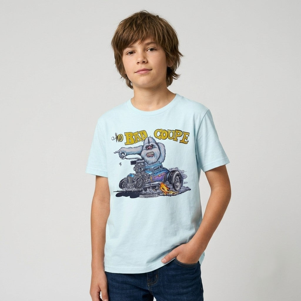Man wearing The Bad Coupe Yeti T-Shirt in Ice Blue, showing the relaxed classic fit and chest graphic placement