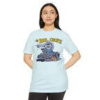 Model wearing The Bad Coupe Yeti T-Shirt in Ice Blue, showing the fit and full-color Von Franco hot rod graphic on the front