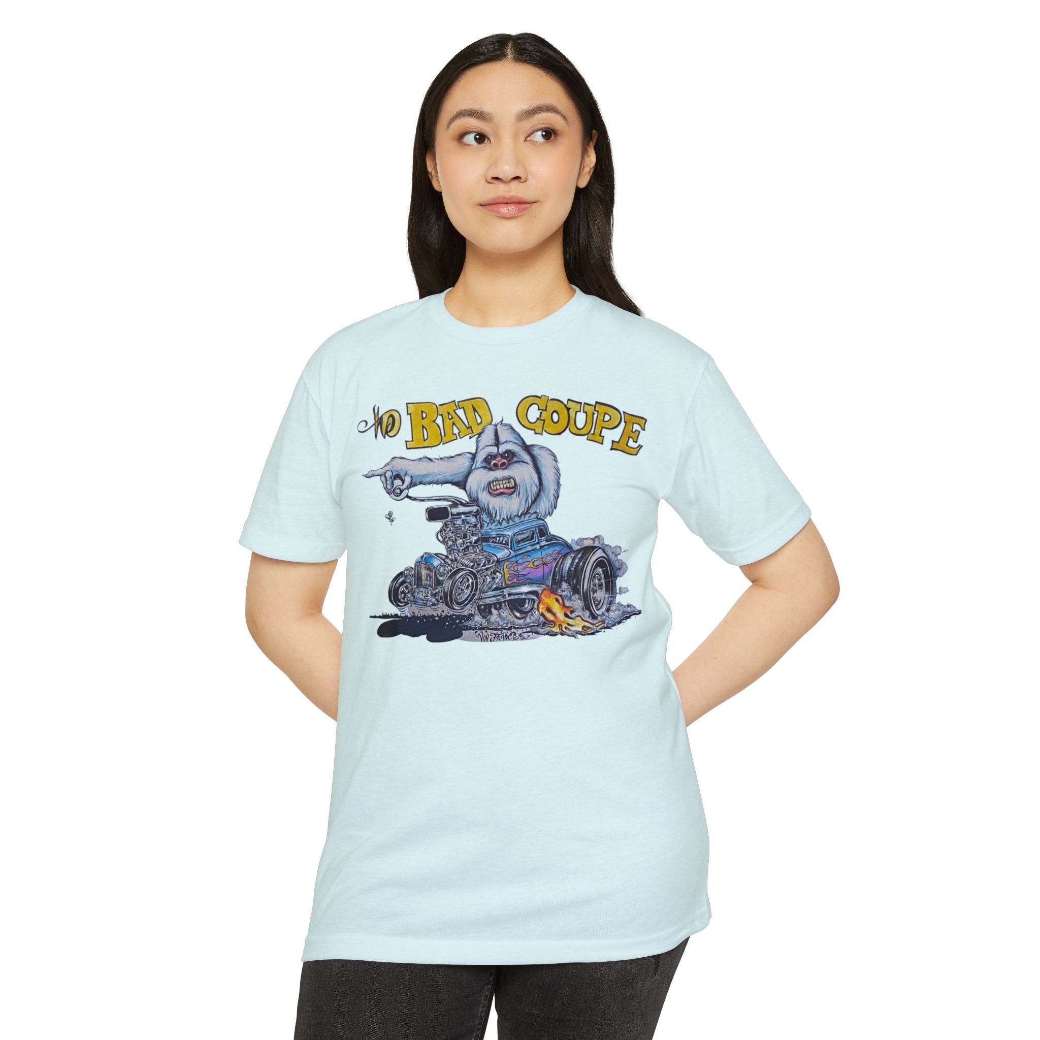 Model wearing The Bad Coupe Yeti T-Shirt in Ice Blue, showing the fit and full-color Von Franco hot rod graphic on the front