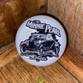 Front view of the Minnie Pearl Resin Shifter Ball in white, showing the 1928 Ford Roadster hot rod graphic with The Minnie Pearl Roadster text in black ink sealed under a crystal-clear dome