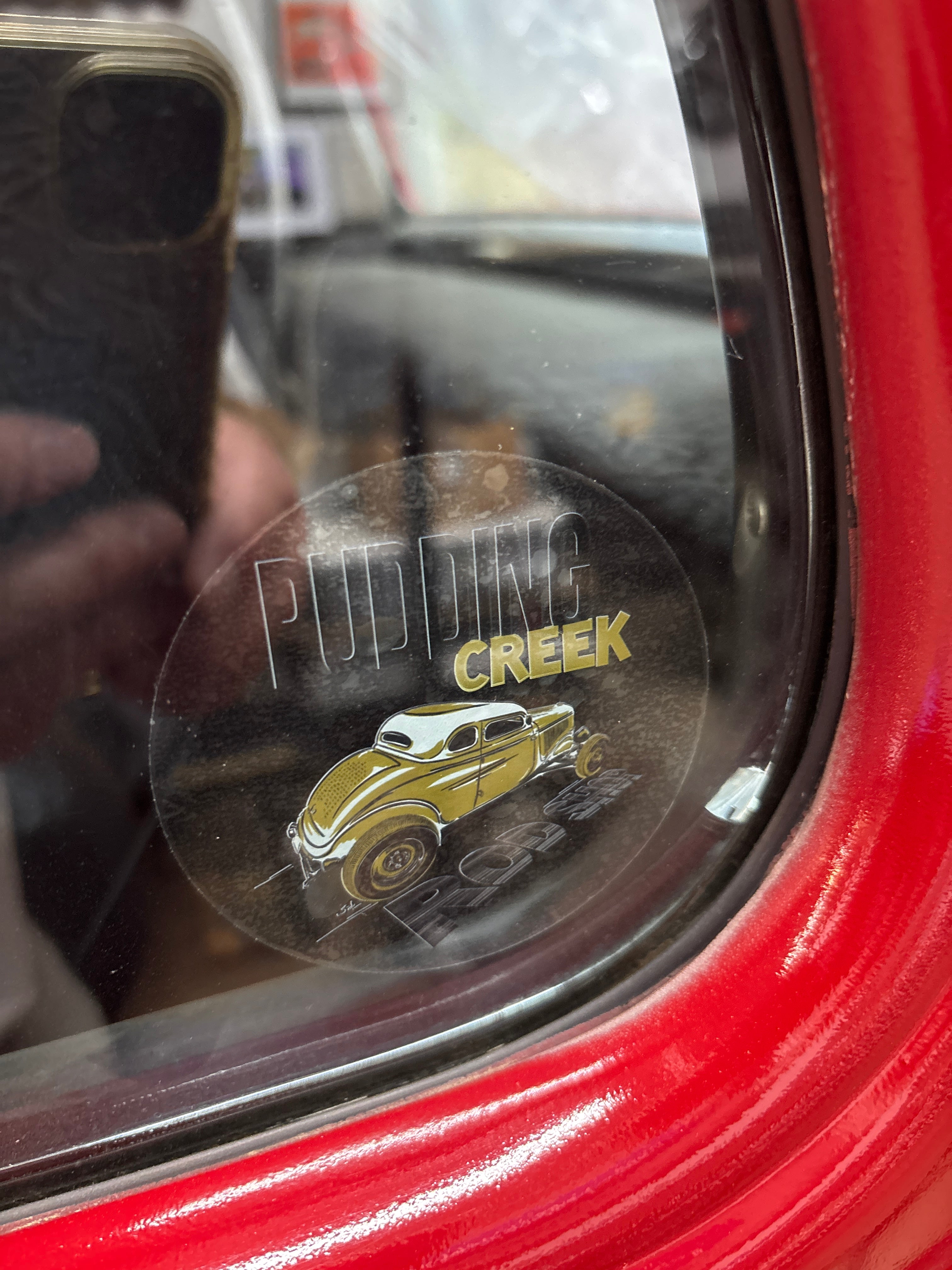 Pudding Creek Rod Shop Water Slide style decal shown from the front, featuring classic 1960s retro hot rod artwork in bold vintage print