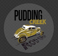 Close-up of Pudding Creek Rod Shop Water Slide style decal showing vibrant vintage-style graphic detail and peel-and-stick backing