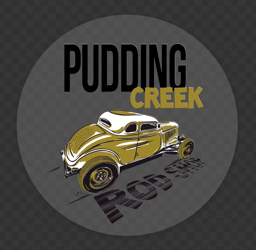 Close-up of Pudding Creek Rod Shop Water Slide style decal showing vibrant vintage-style graphic detail and peel-and-stick backing