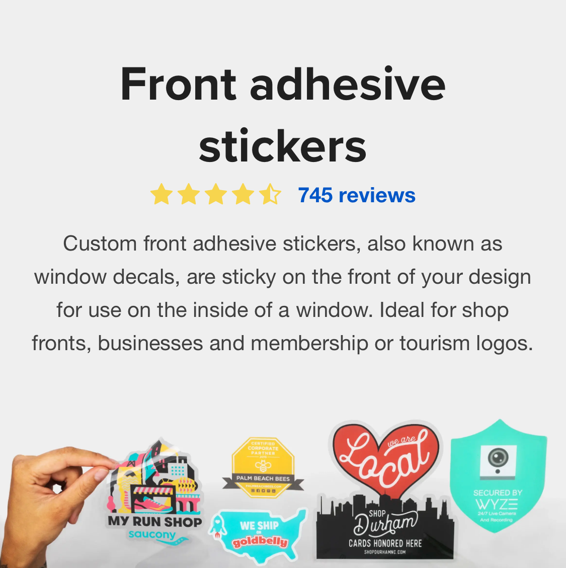Advertisement for front adhesive stickers with a hand holding a sticker and examples of stickers on a white background.